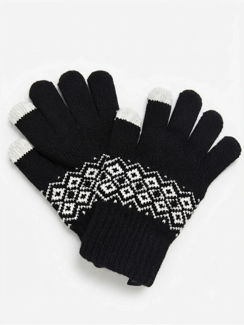 Black Knit Touchscreen Gloves with White Fair Isle Pattern